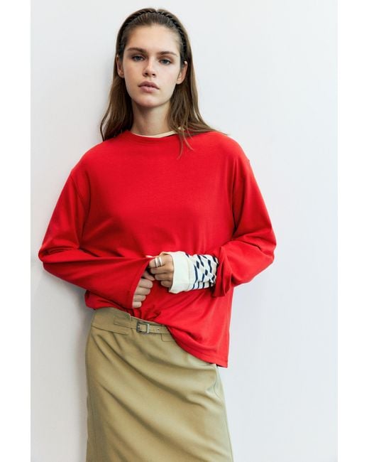 Pull&Bear Red Oversize Long Sleeve T-Shirt