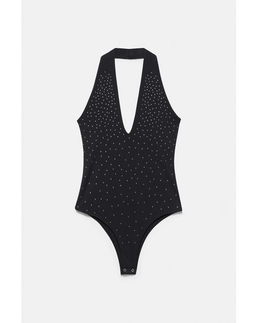 Pull&Bear Blue Rhinestone Halter Bodysuit