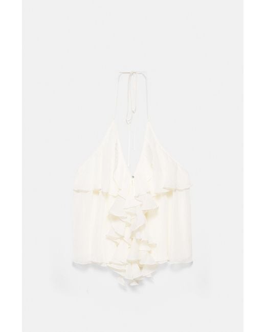 Pull&Bear White Halter Top With Ruffles