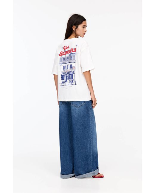 Pull&Bear Blue T-Shirt Mit Cafeteria-Grafik