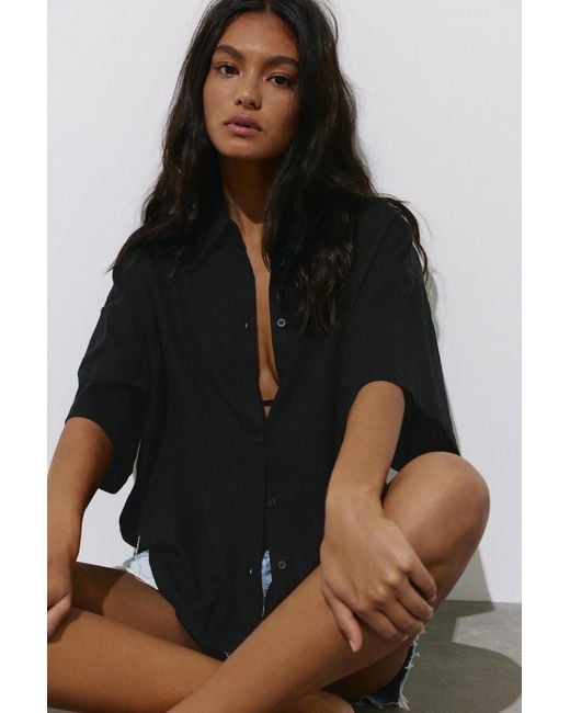 Pull&Bear Black Short Sleeve Linen Blend Shirt
