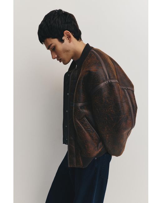Pull&Bear Brown Leather Effect Faux Shearling Bomber Jacket for men