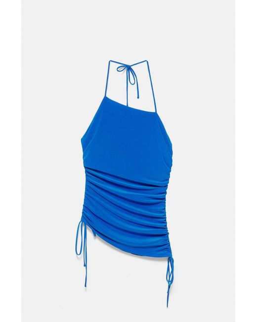Pull&Bear Blue Asymmetric Halter Top With Gathered Detail