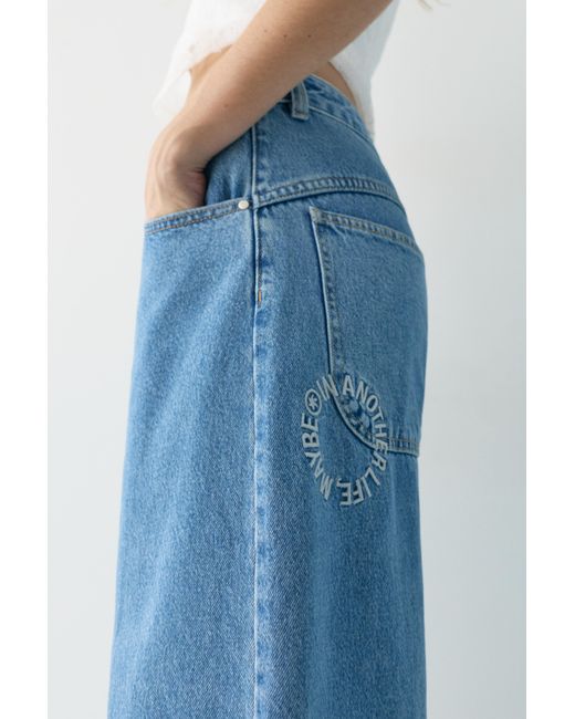 Pull&Bear Blue Balloon Fit Jeans With Embroidered Text