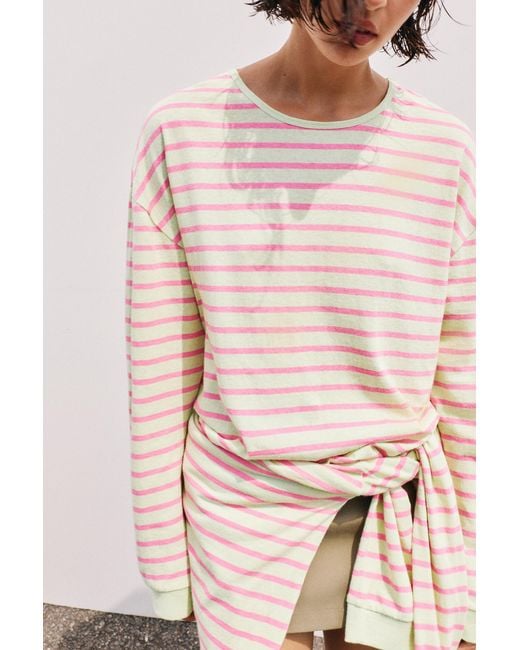 Pull&Bear Pink Oversize Long Sleeve Striped T-Shirt