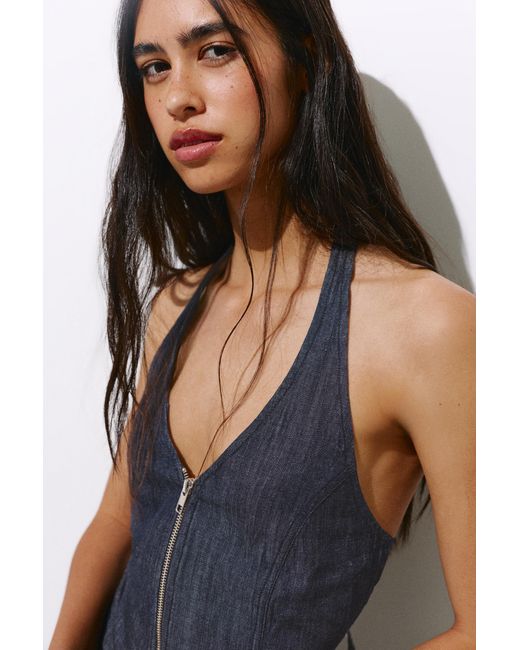 Pull&Bear Brown Denim Halter Top With Zip