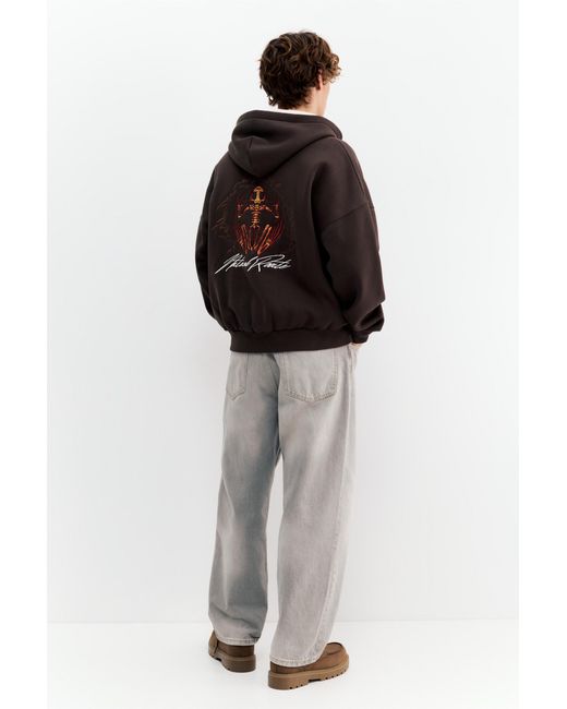 Pull&Bear Black Graphic Zip-Up Hoodie for men