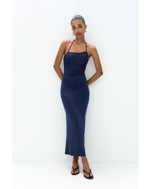 Pull&Bear Asymmetric Midi Gathered Dress in Blue | Lyst UK