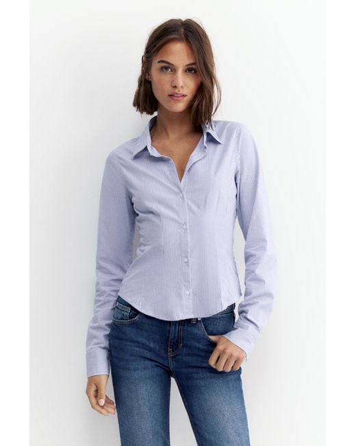Pull&Bear Blue Fitted Wide-Cuff Shirt