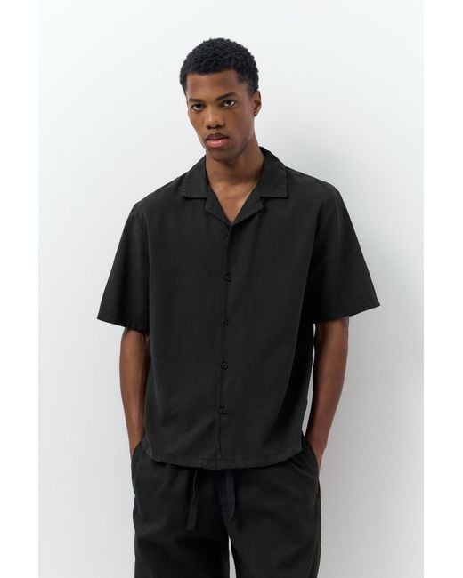 Pull&Bear Black Short Sleeve Linen Blend Shirt for men