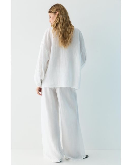 Pull&Bear White Stand Collar Voile Effect Shirt