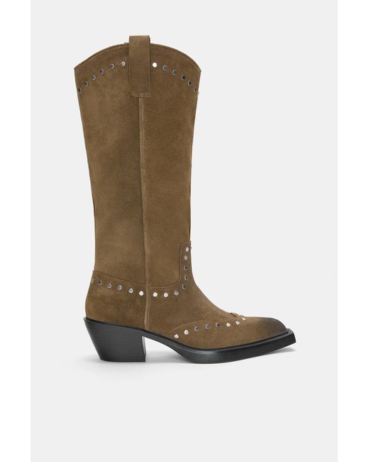Pull&Bear Brown Studded Leather Cowboy Boots