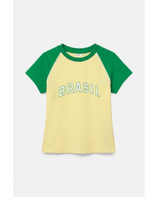 Pull&Bear Green Slim Fit Brazil Graphic T-Shirt