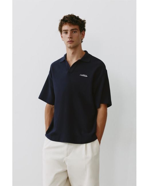 Pull&Bear Black Short Sleeve Waffle-Knit Polo Shirt for men