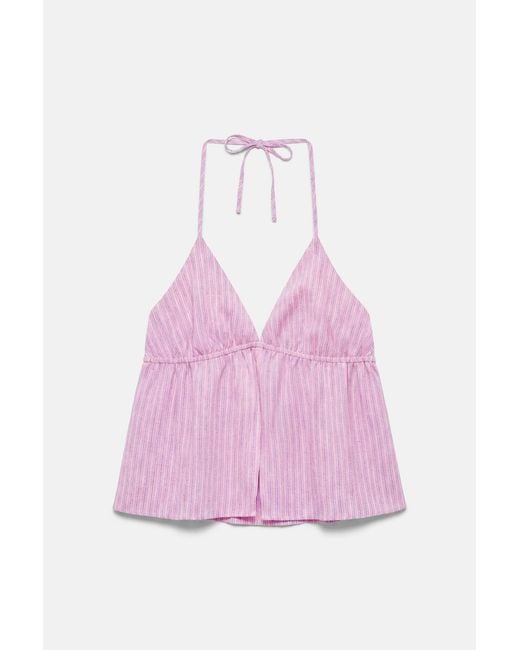 Pull&Bear Gestreepte Haltertop Van Linnenmix in het Blue