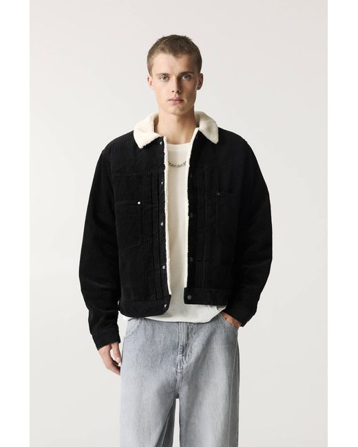 Pull&Bear Black Corduroy Jacket With Faux Shearling for men