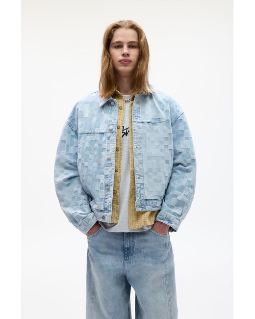 Pull&Bear Blue Stwd Check Denim Jacket for men