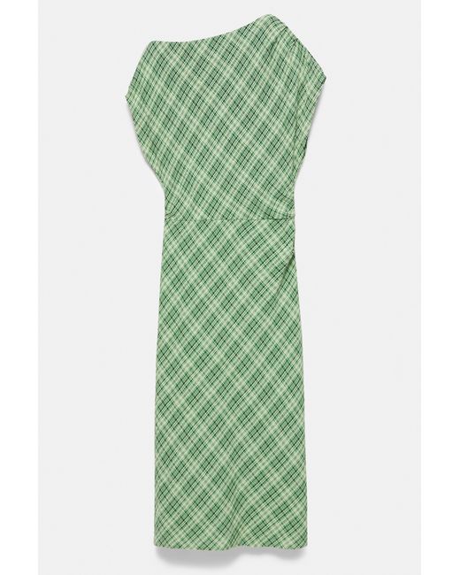 Pull&Bear Green Asymmetric Checked Midi Dress
