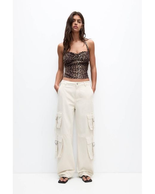 Pull&Bear White Cargo Trousers With Straps