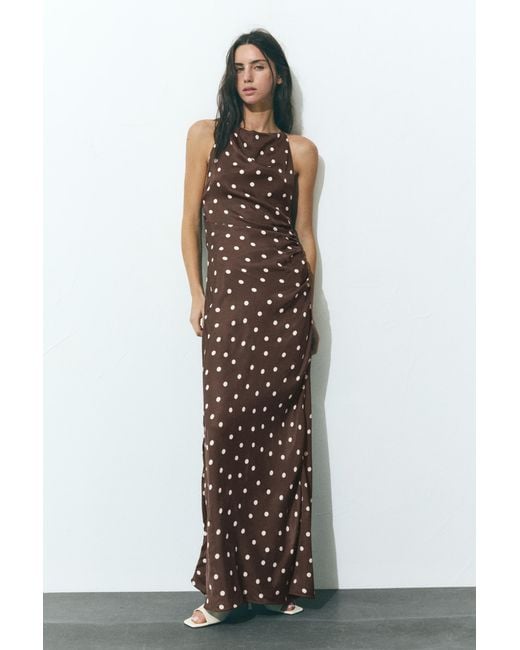Pull&Bear Brown Draped Polka Dot Satin Dress