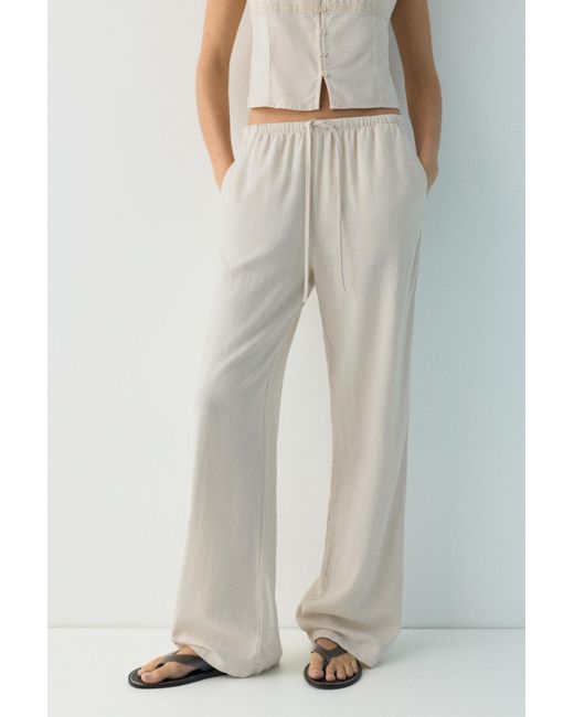 Pull&Bear White Linen Blend Jogger Trousers