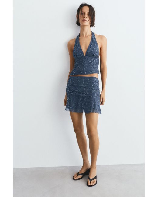 Pull&Bear Blue Beaded Tulle Mini Skirt