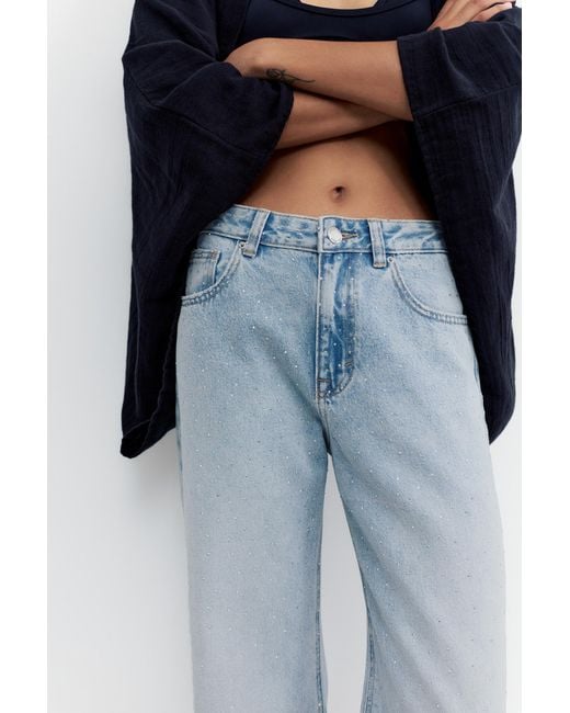 Pull&Bear Blue Straight-Leg Baggy Jeans With Rhinestones
