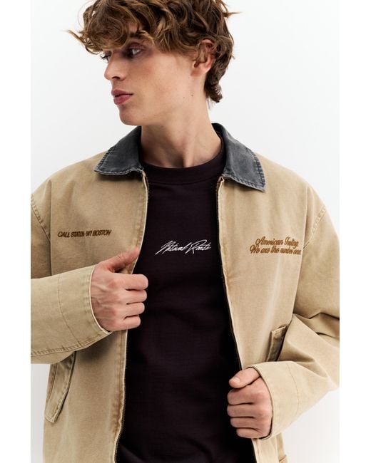 Pull&Bear Natural Contrast Collar Embroidered Jacket for men