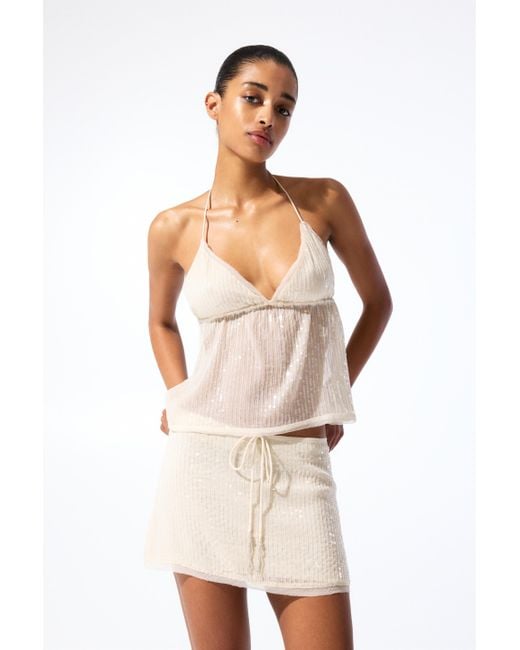 Pull&Bear Natural Sequinned Halter Neck Top
