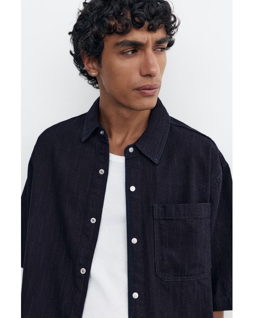 Pull&Bear Black Short Sleeve Striped Denim Shirt for men