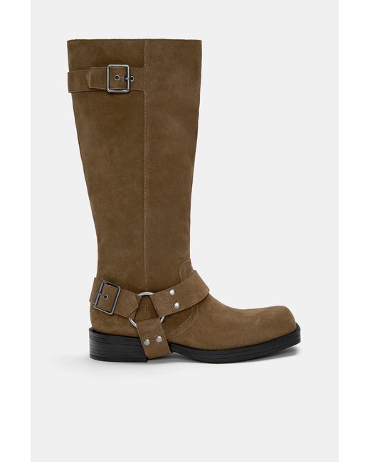 Pull&Bear Brown Leather Knee-High Biker Boots