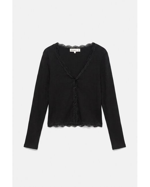 Pull&Bear Black Lace Button-Up T-Shirt