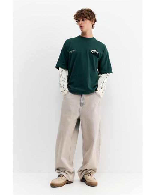 Pull&Bear Green Double Sleeve Graphic T-Shirt for men