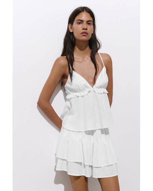 Pull&Bear White Ruffled Linen Blend Top