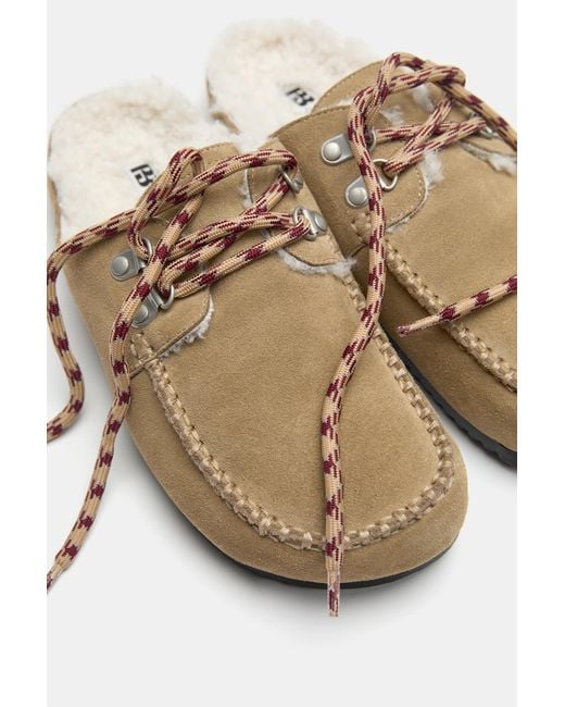 Pull&Bear White Faux Shearling Leather Lace-Up Clogs