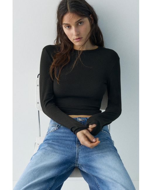 Pull&Bear Black Fitted Long Sleeve T-Shirt