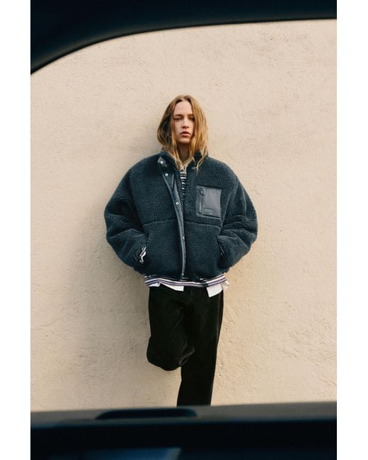 Pull&Bear Black Faux Shearling Jacket With Combined Fabric