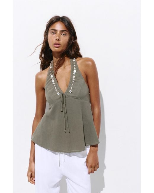 Pull&Bear Green Halter Top With Buttons
