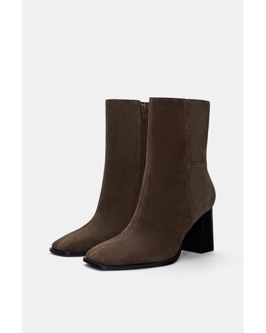 Pull&Bear Brown Leather High-Heel Ankle Boots