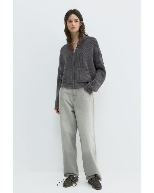 Pull&Bear Gray Zip-Up Ripped Cardigan