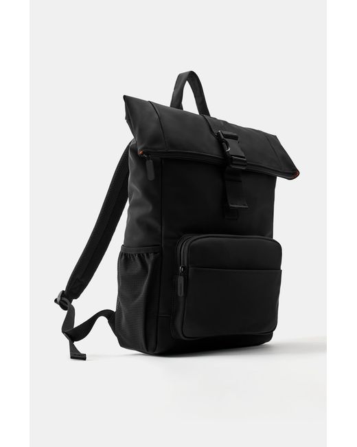 Pull&Bear Black Rubberised Flap Backpack for men