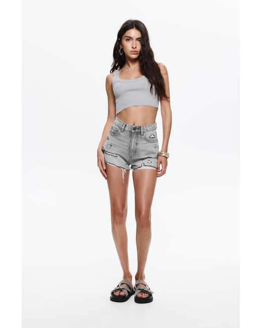 Pull&Bear Gray Denim Shorts With Frayed Hems