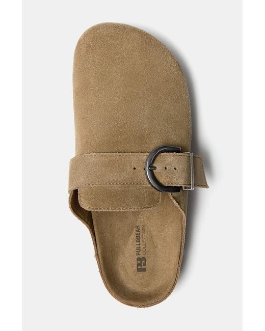 Pull&Bear Brown Buckled Leather Clogs
