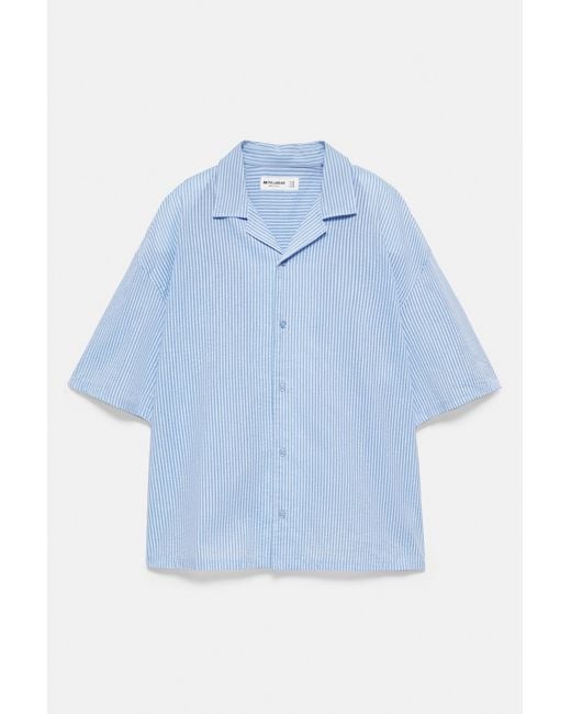 Pull&Bear Blue Short Sleeve Striped Shirt for men