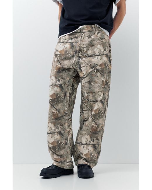 Pull&Bear Gray Printed Trousers With Pockets for men