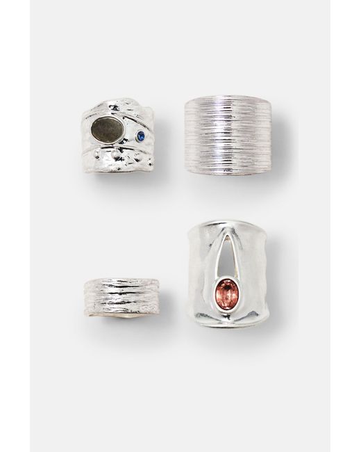 Lot 4 Bagues Texturées Pull&Bear en coloris White