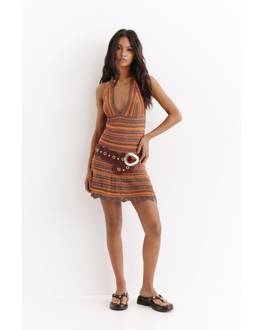 Pull&Bear Brown Short Striped Crochet Dress