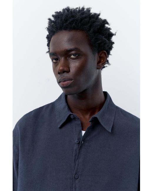 Pull&Bear Blue Long Sleeve Linen Blend Shirt for men