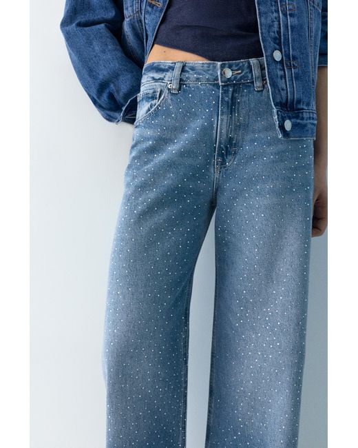 Pull&Bear Blue Straight-Leg Baggy Jeans With Rhinestones