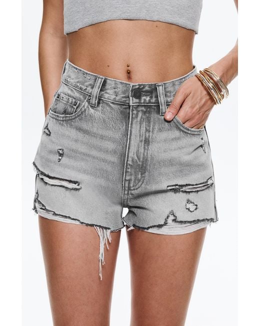 Pull&Bear Gray Denim Shorts With Frayed Hems